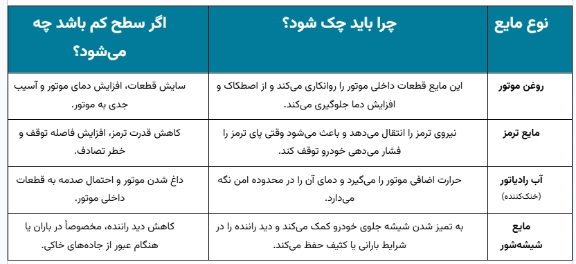 کنترل مایعات حیاتی خودرو برای چک لیست کامل بازرسی خودرو سازمانی قبل از حرکت