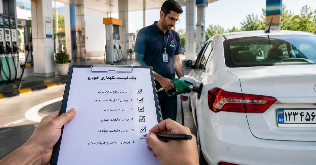کارشناس در حال تیک زدن بند ششم چک‌لیست نگهداری خودرو در جایگاه سوخت معتبر