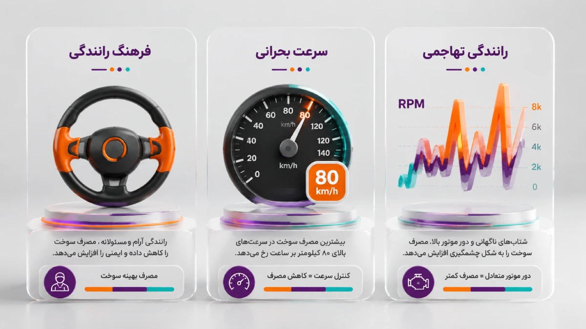 اینفوگرافیک بررسی تأثیر رفتار راننده، سرعت بحرانی و رانندگی تهاجمی بر مصرف سوخت