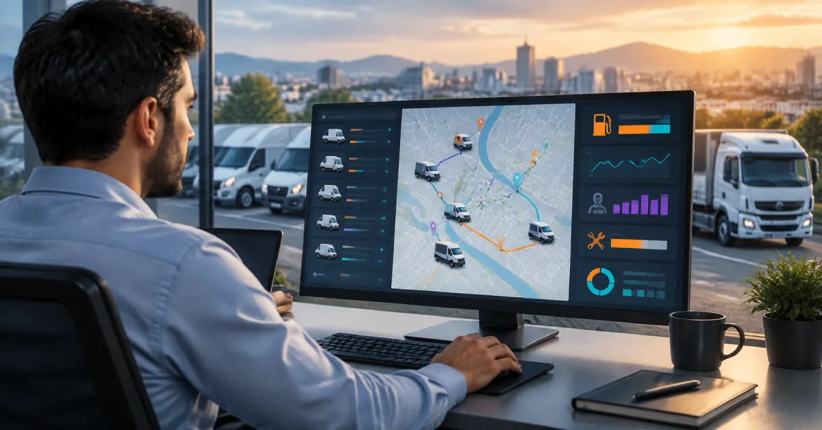 اجزای مدیریت ناوگان شامل ردیابی GPS، کنترل سوخت، نگهداری خودرو و تحلیل راننده